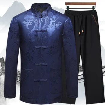 Китайски ретро плюс размер дрехи Конг-Фу, принт дракон, традиционен костюм от епохата на Тан с дълъг ръкав, яка-часова, ежедневното си палто и панталони