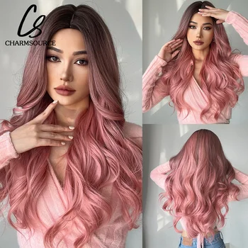Синтетични перуки цвят омбре от кафява до розова, с разделение на коса естествена вълна в средата за жени, cosplay, партита, Хелоуин, высокотемпературное влакна