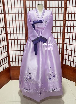 Жена сватбена рокля Ханбок за младоженци Елегантна лилава бродерия на Корейското традиционно народно концерта Ханбок