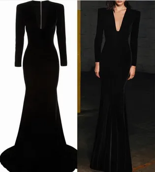 Винтажное черно мюсюлманската вечерна рокля 2023 с V-образно деколте и дълги ръкави, сатенени вечерни рокли за абитуриентски бал, празник халати De Soirée